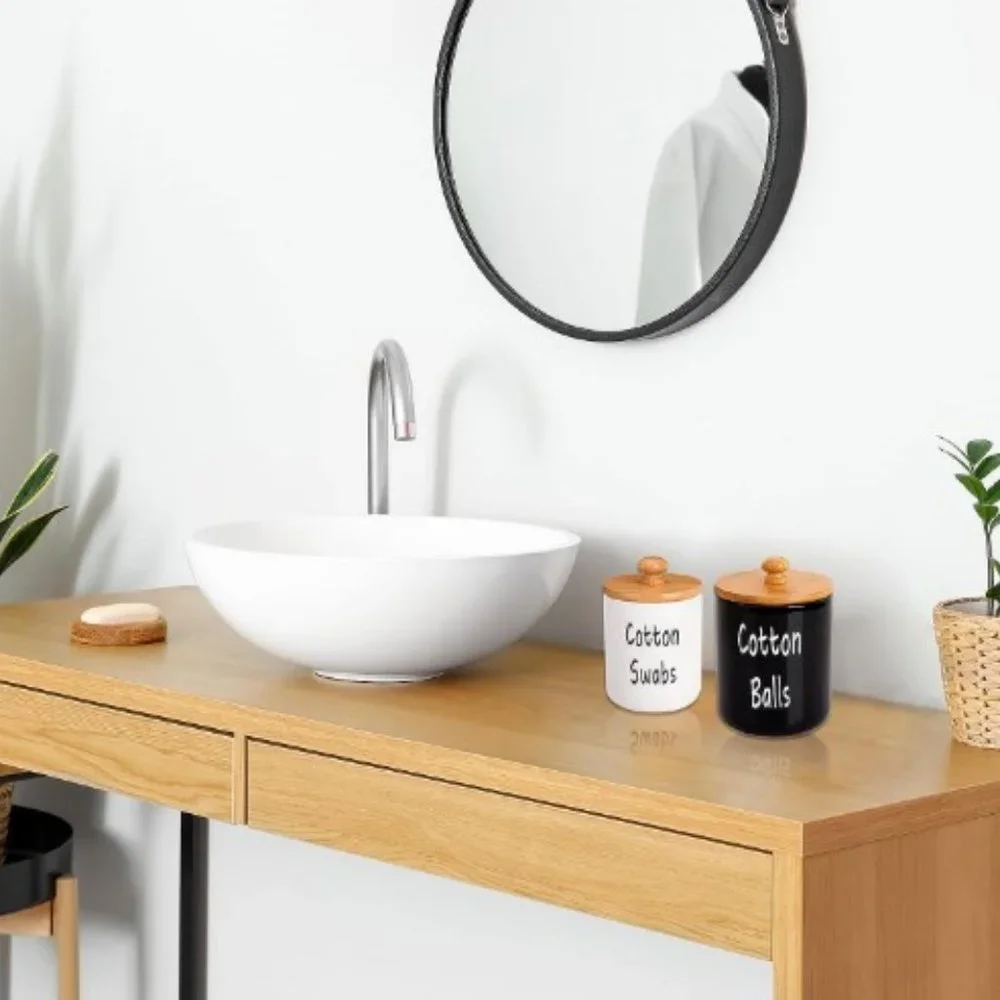 Set of 2 - Ceramic Bathroom Accessory Jars  (2 Sizes/ Black & White)